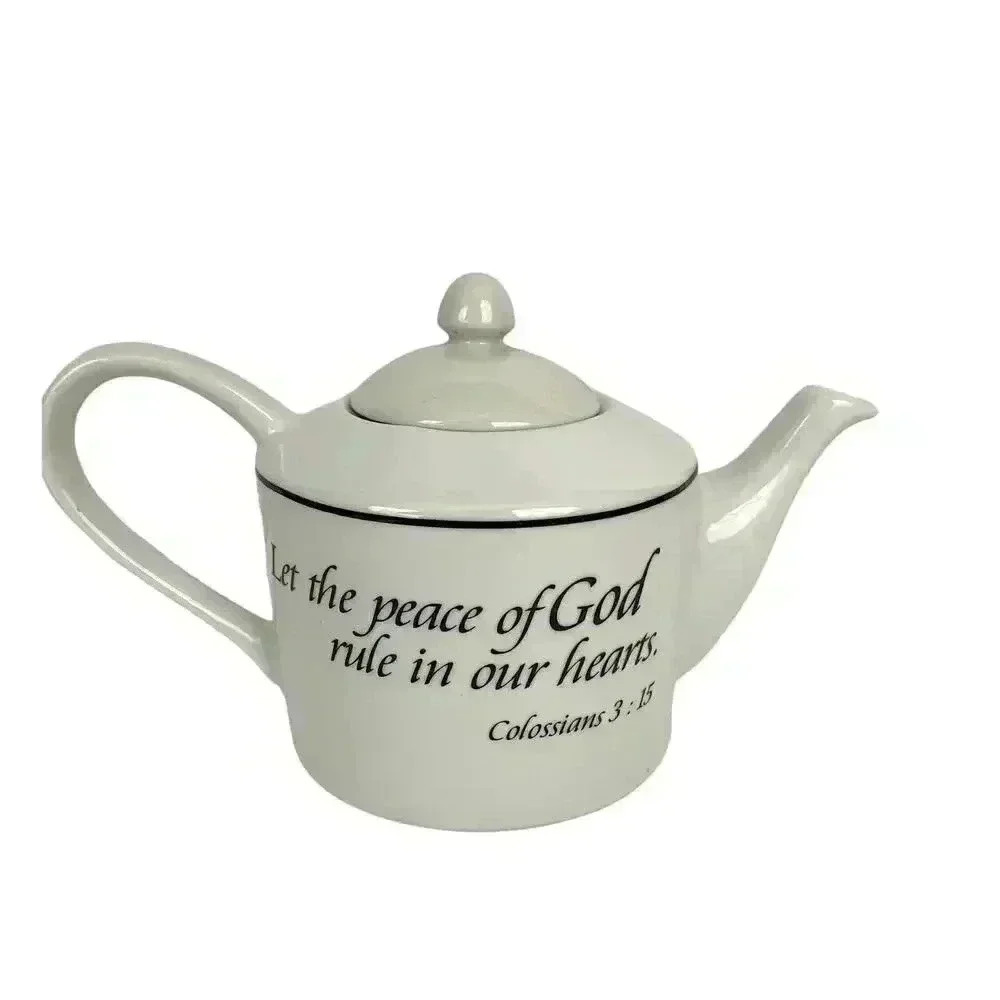 White Scripture Teapot Colossians 3:15‎ Peace of God Rule Hearts Microwave Safe